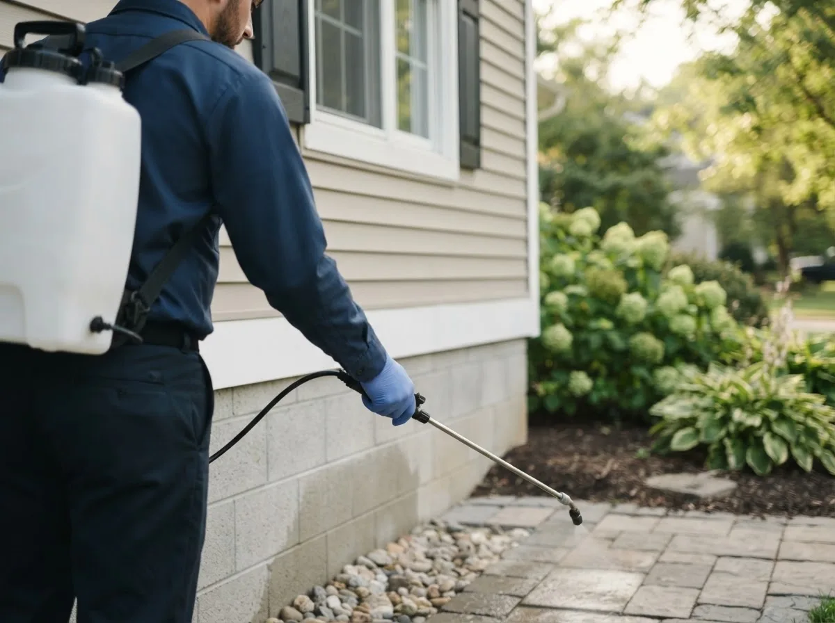Pest control technician inspecting a home in Central Lake, MI